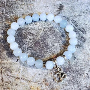 Om Aum Zen Mantra Light Blue Agate Gemstone Stretch Bracelet